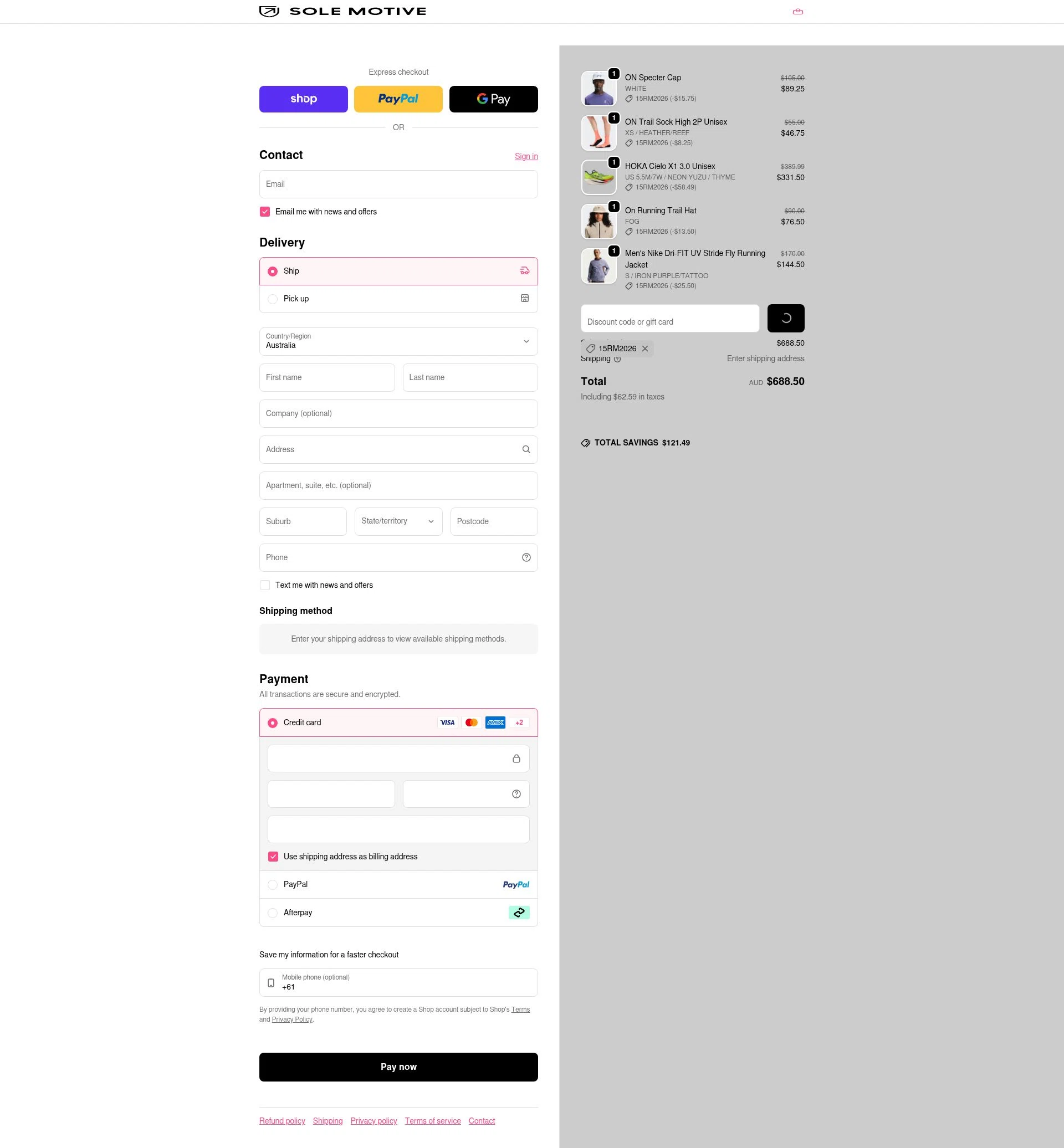 Sole Motive checkout page showing Sole Motive discount code box | Screenshot taken by SimplyCodes community member on Feb 13, 2026