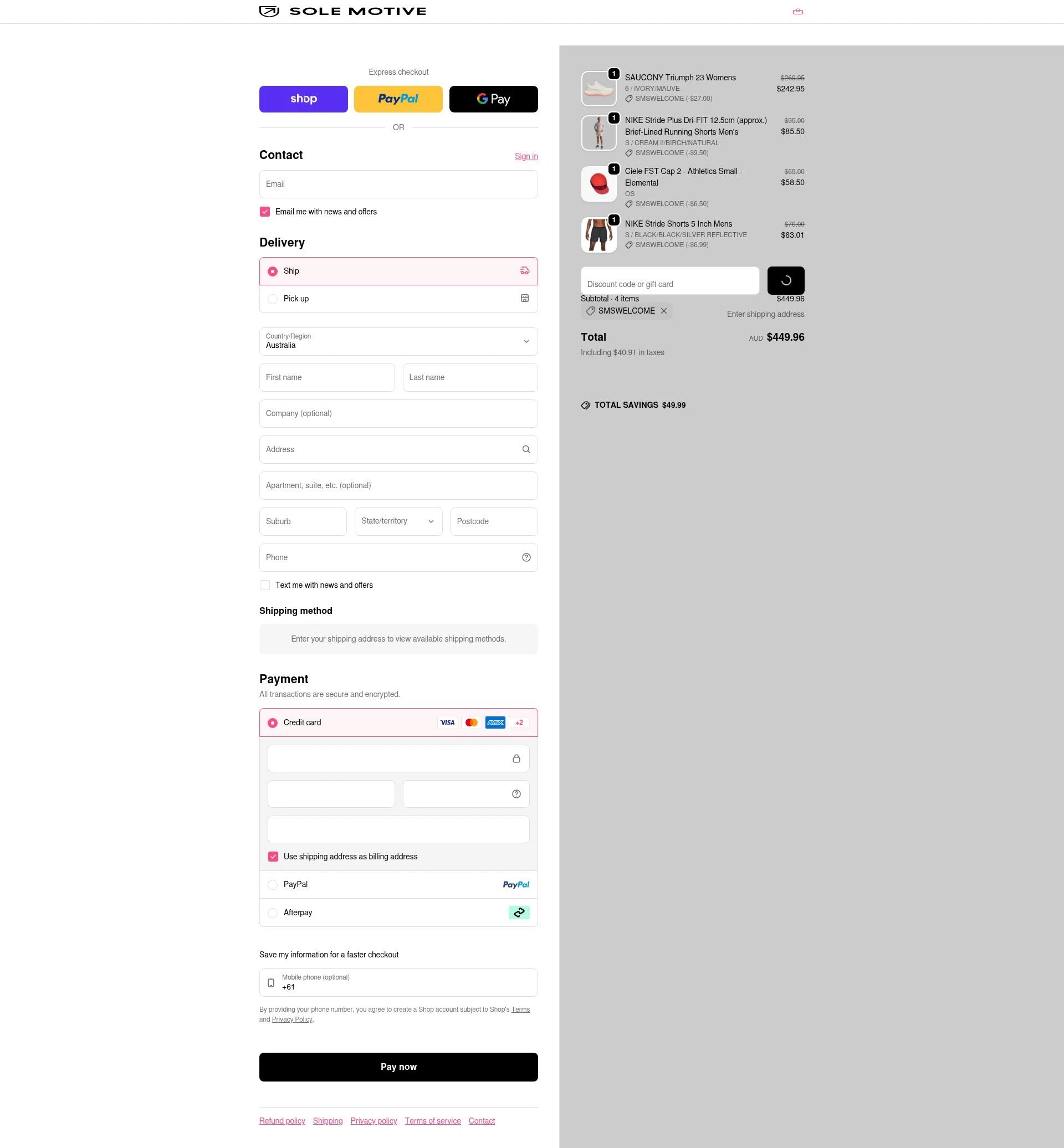 Sole Motive checkout page showing Sole Motive discount code box | Screenshot taken by SimplyCodes community member on Feb 8, 2026