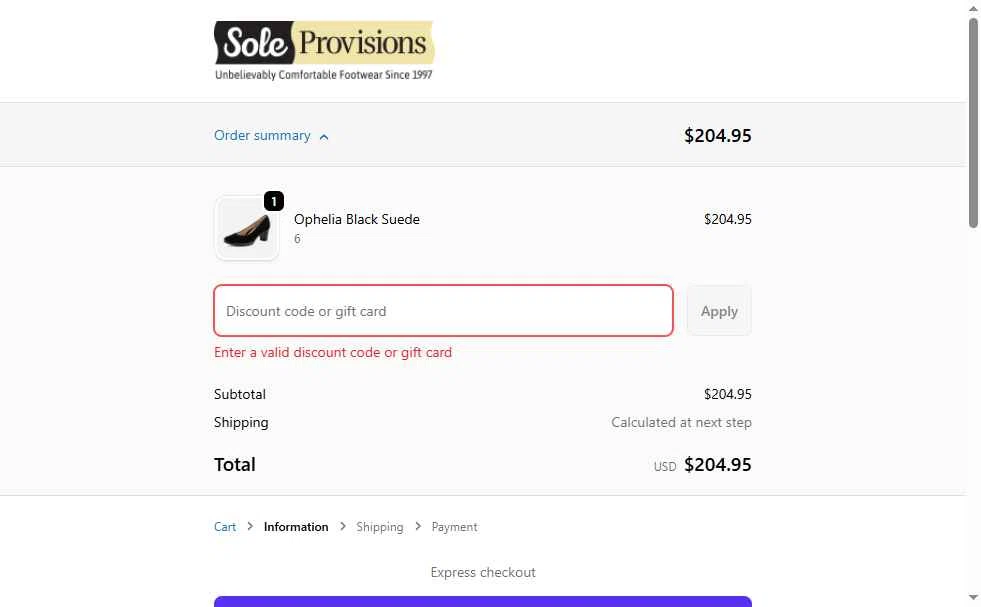 Sole Provisions checkout page showing Sole Provisions promo code box | Screenshot taken by SimplyCodes community member on Feb 13, 2026