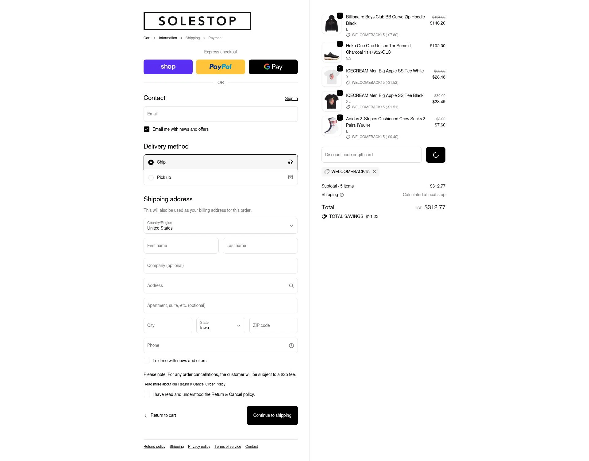 Solestop checkout page showing Solestop coupon code box | Screenshot taken by SimplyCodes community member on Feb 16, 2026