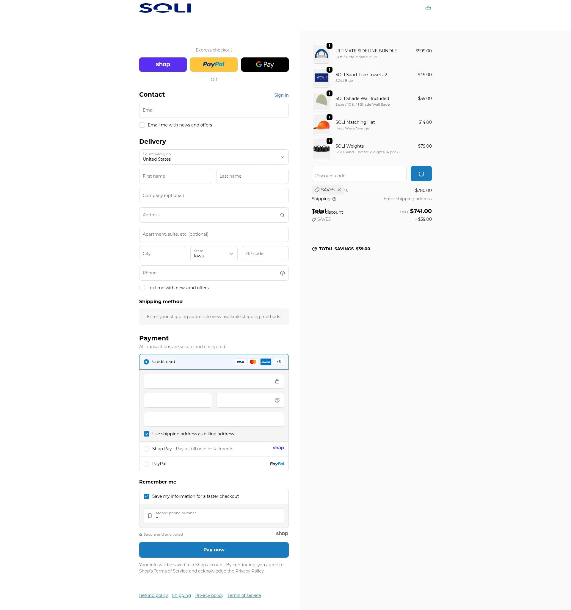 SOLI Outdoors checkout page showing SOLI Outdoors discount code box | Screenshot taken by SimplyCodes community member on Dec 28, 2025