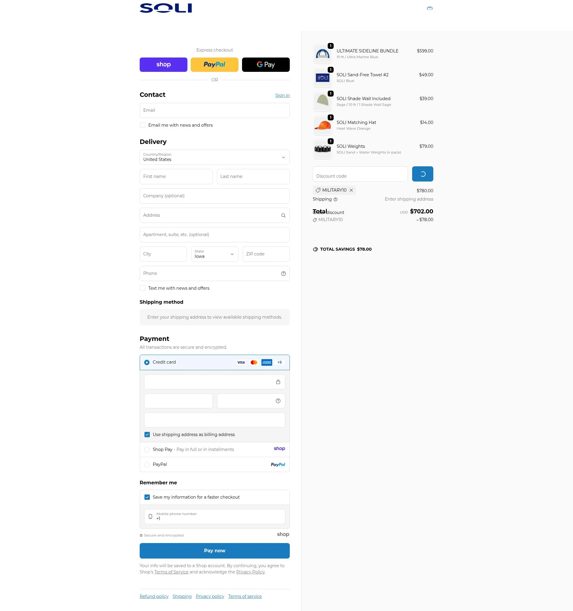 SOLI Outdoors checkout page showing SOLI Outdoors discount code box | Screenshot taken by SimplyCodes community member on Jan 2, 2026