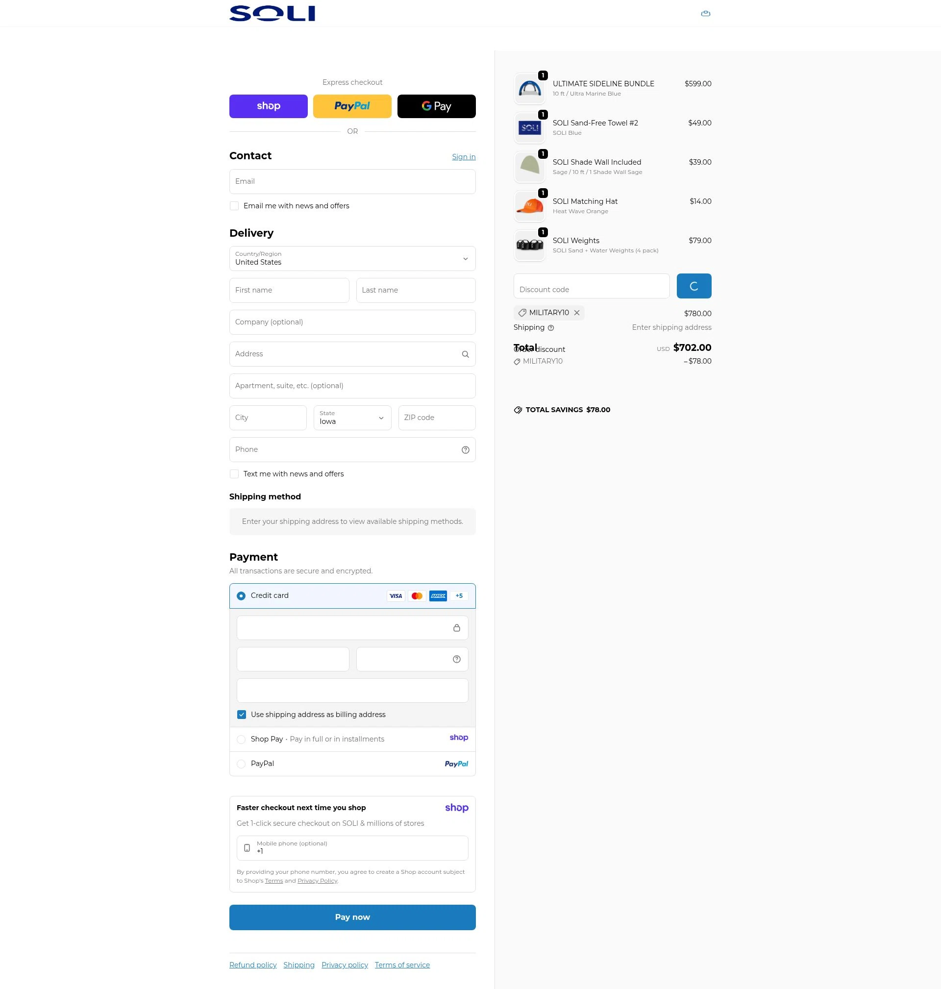 SOLI Outdoors checkout page showing SOLI Outdoors discount code box | Screenshot taken by SimplyCodes community member on Jan 12, 2026
