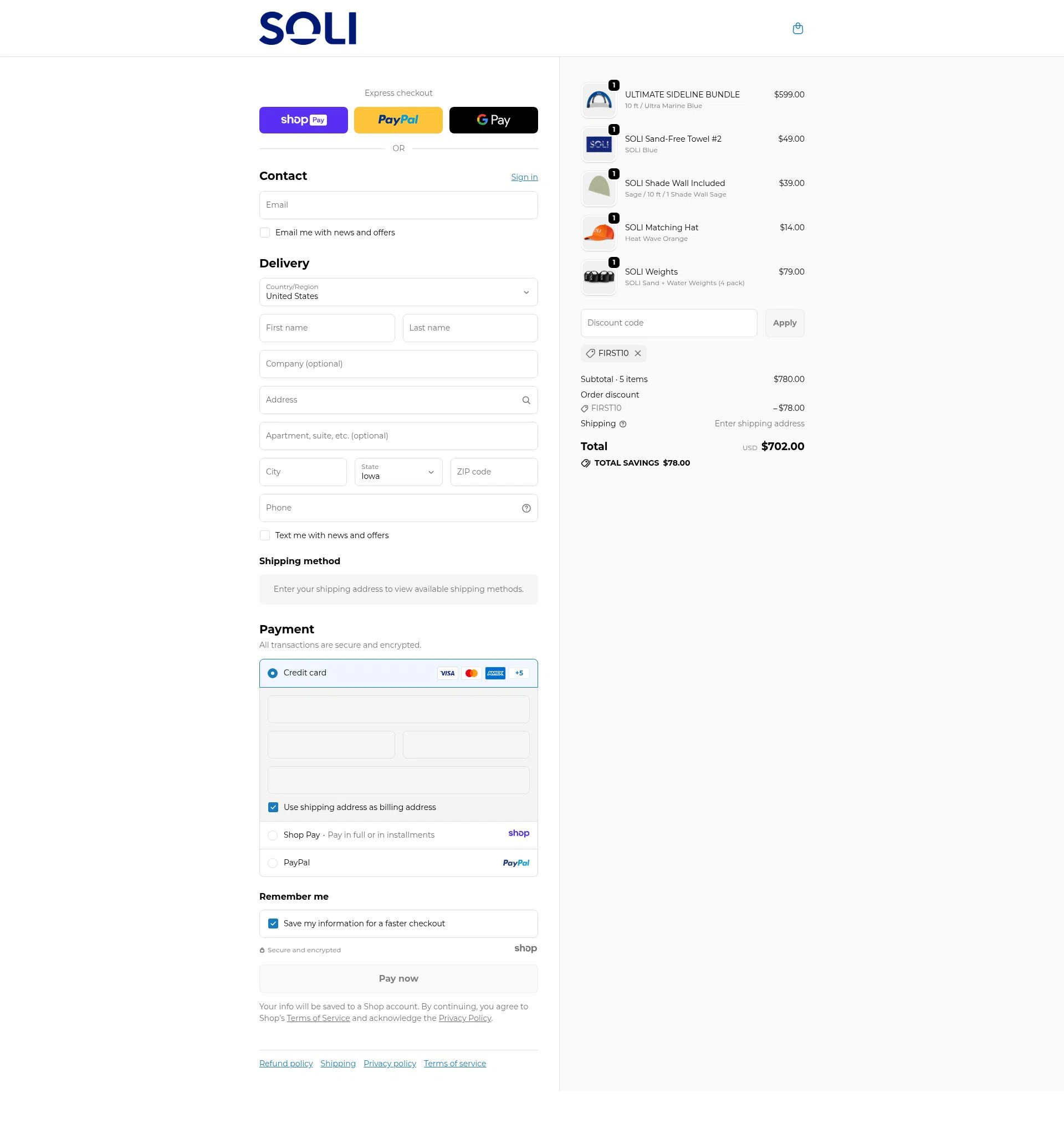 SOLI Outdoors checkout page showing SOLI Outdoors discount code box | Screenshot taken by SimplyCodes community member on Jan 7, 2026