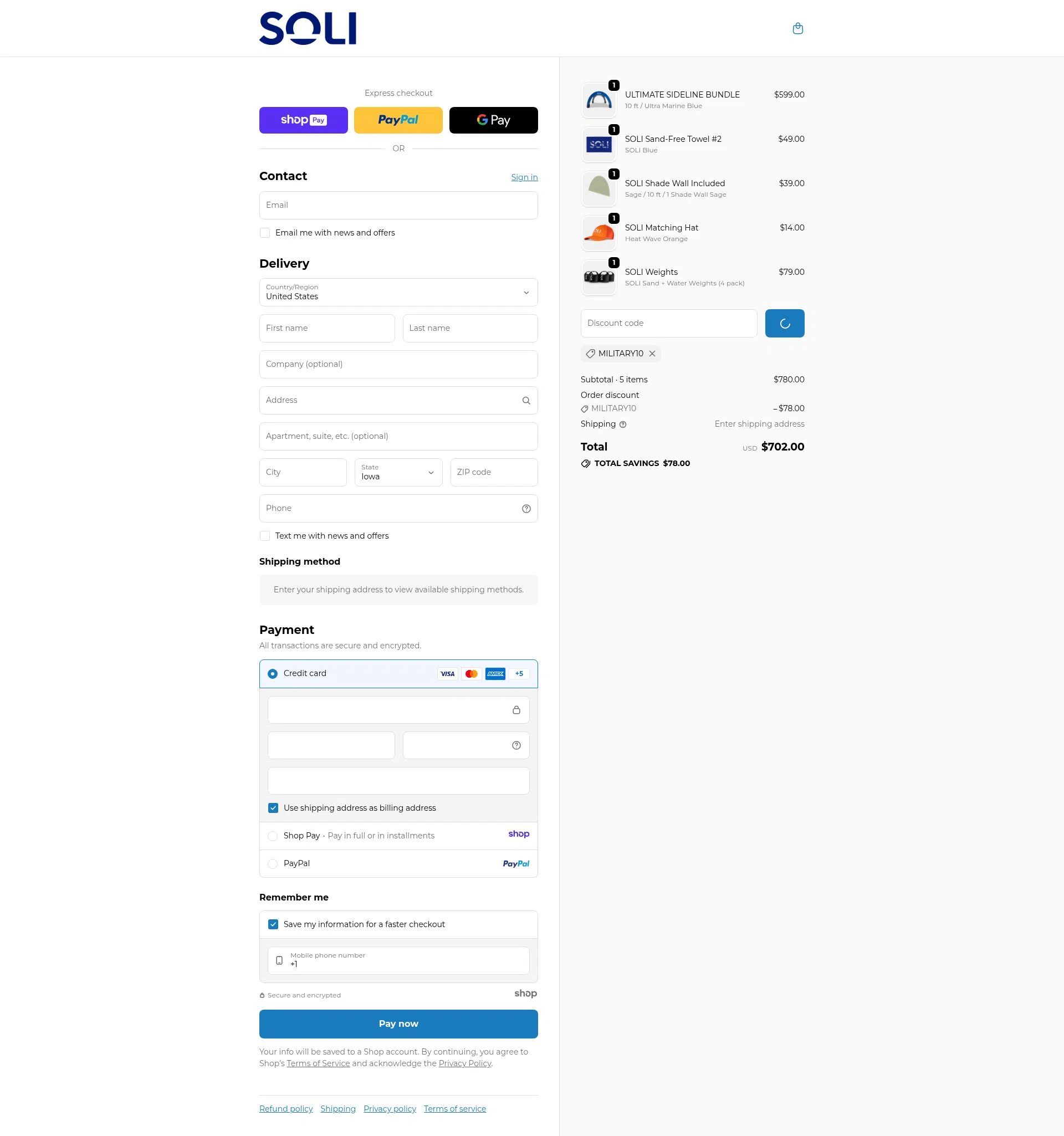 SOLI Outdoors checkout page showing SOLI Outdoors discount code box | Screenshot taken by SimplyCodes community member on Jan 7, 2026