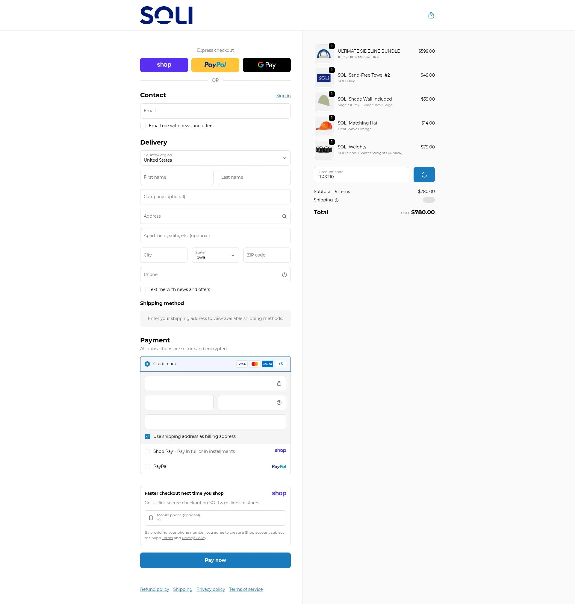 SOLI Outdoors checkout page showing SOLI Outdoors discount code box | Screenshot taken by SimplyCodes community member on Jan 12, 2026
