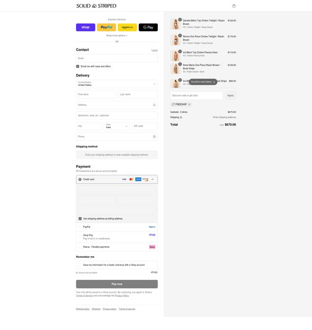 Solid & Striped checkout page showing Solid & Striped promo code box | Screenshot taken by SimplyCodes community member on Sep 8, 2025