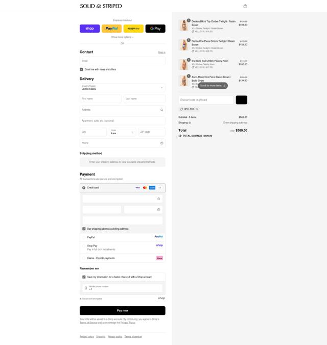 Solid & Striped checkout page showing Solid & Striped promo code box | Screenshot taken by SimplyCodes community member on Sep 12, 2025