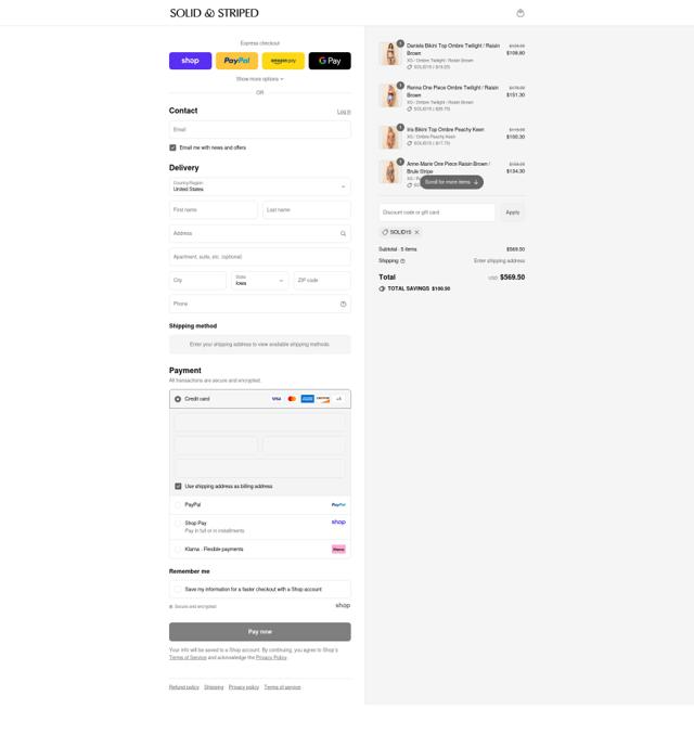 Solid & Striped checkout page showing Solid & Striped promo code box | Screenshot taken by SimplyCodes community member on Sep 8, 2025