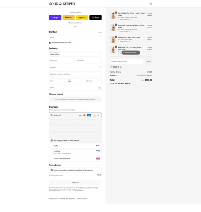 Solid & Striped checkout page showing Solid & Striped promo code box | Screenshot taken by SimplyCodes community member on Sep 4, 2025
