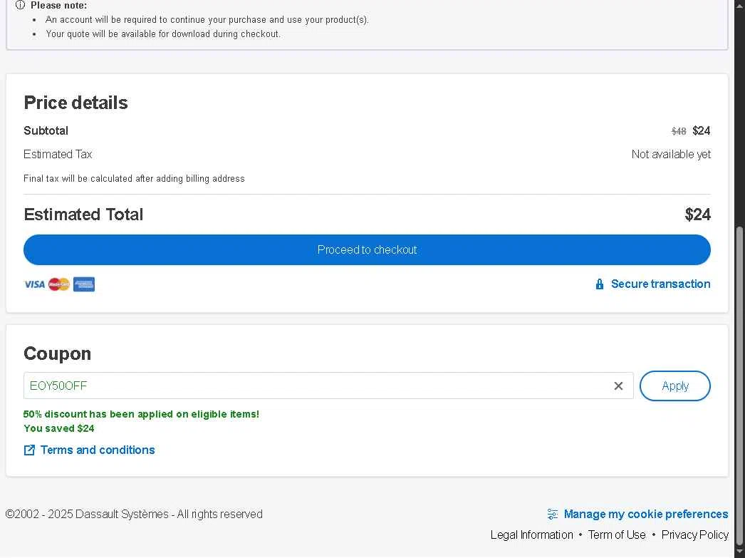 SolidWorks checkout page showing SolidWorks coupon code box | Screenshot taken by SimplyCodes community member on Dec 30, 2025