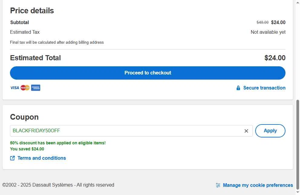 SolidWorks checkout page showing SolidWorks coupon code box | Screenshot taken by SimplyCodes community member on Nov 30, 2025