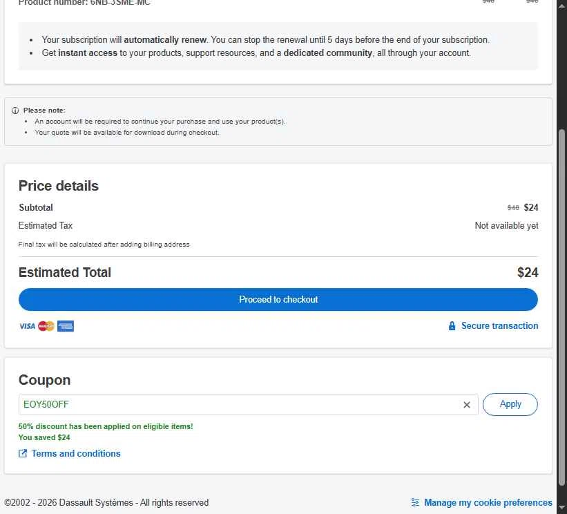 SolidWorks checkout page showing SolidWorks coupon code box | Screenshot taken by SimplyCodes community member on Jan 20, 2026