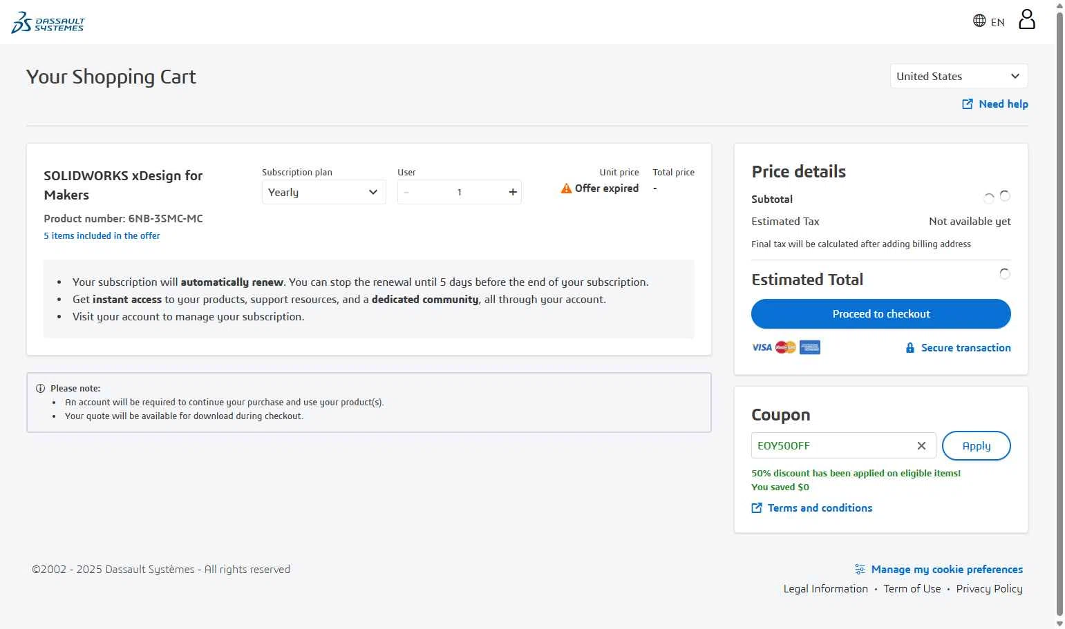 SolidWorks checkout page showing SolidWorks coupon code box | Screenshot taken by SimplyCodes community member on Dec 19, 2025