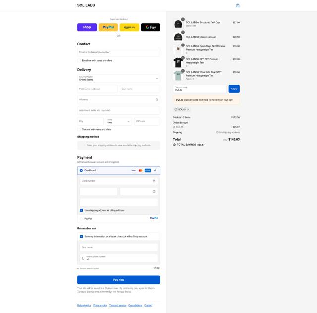 SOL LABS checkout page showing SOL LABS promo code box | Screenshot taken by SimplyCodes community member on Sep 9, 2025