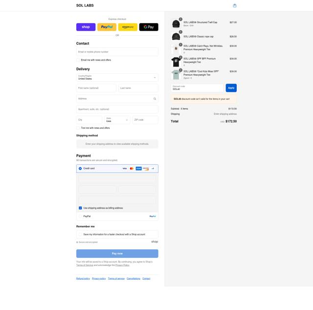 SOL LABS checkout page showing SOL LABS promo code box | Screenshot taken by SimplyCodes community member on Sep 4, 2025