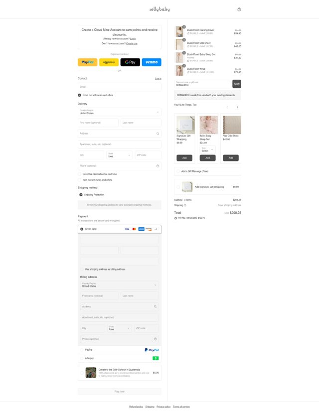 Solly Baby checkout page showing Solly Baby discount code box | Screenshot taken by SimplyCodes community member on Aug 4, 2025