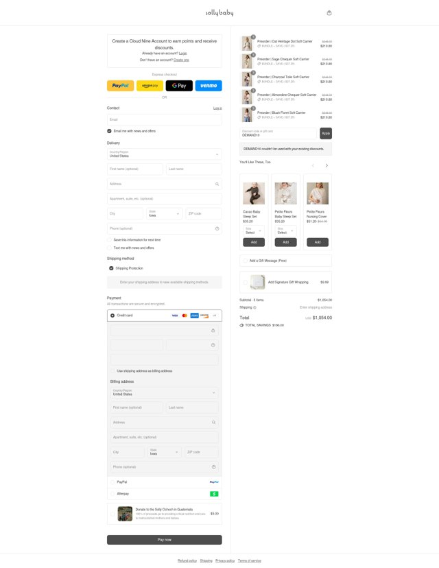 Solly Baby checkout page showing Solly Baby discount code box | Screenshot taken by SimplyCodes community member on Aug 29, 2025