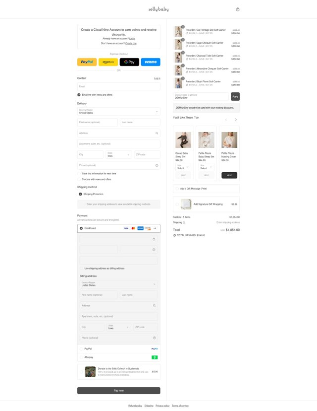 Solly Baby checkout page showing Solly Baby discount code box | Screenshot taken by SimplyCodes community member on Sep 2, 2025