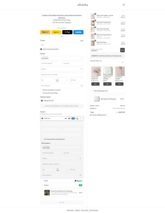 Solly Baby checkout page showing Solly Baby discount code box | Screenshot taken by SimplyCodes community member on Aug 8, 2025
