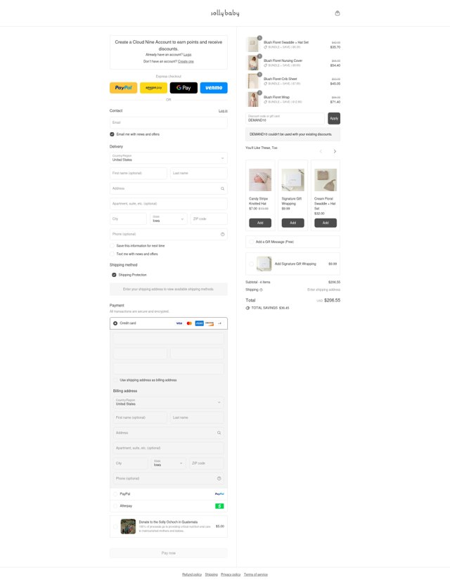 Solly Baby checkout page showing Solly Baby discount code box | Screenshot taken by SimplyCodes community member on Aug 21, 2025
