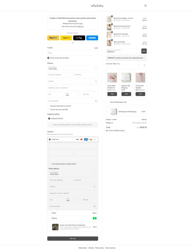 Solly Baby checkout page showing Solly Baby discount code box | Screenshot taken by SimplyCodes community member on Aug 16, 2025
