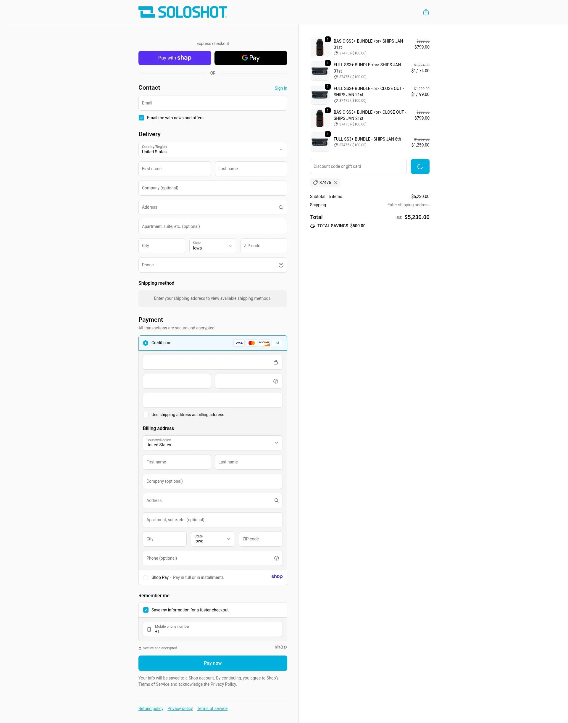 SoloShot checkout page showing SoloShot discount code box | Screenshot taken by SimplyCodes community member on Jan 7, 2026