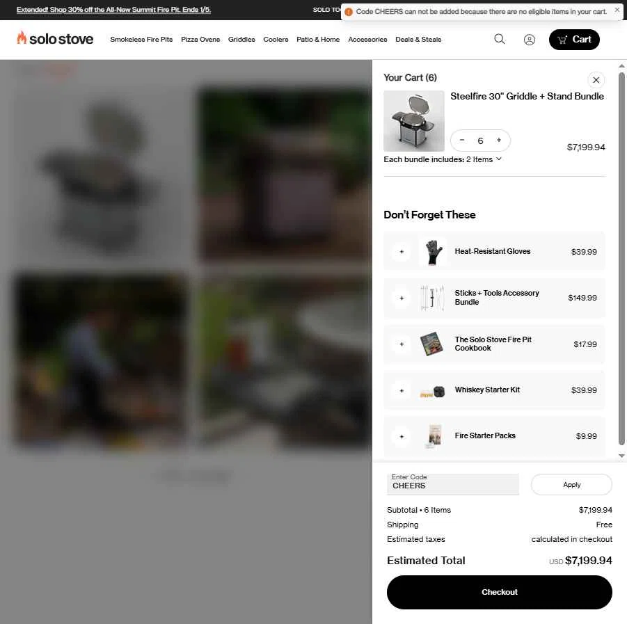 Solo Stove checkout page showing Solo Stove coupon code box | Screenshot taken by SimplyCodes community member on Jan 5, 2026