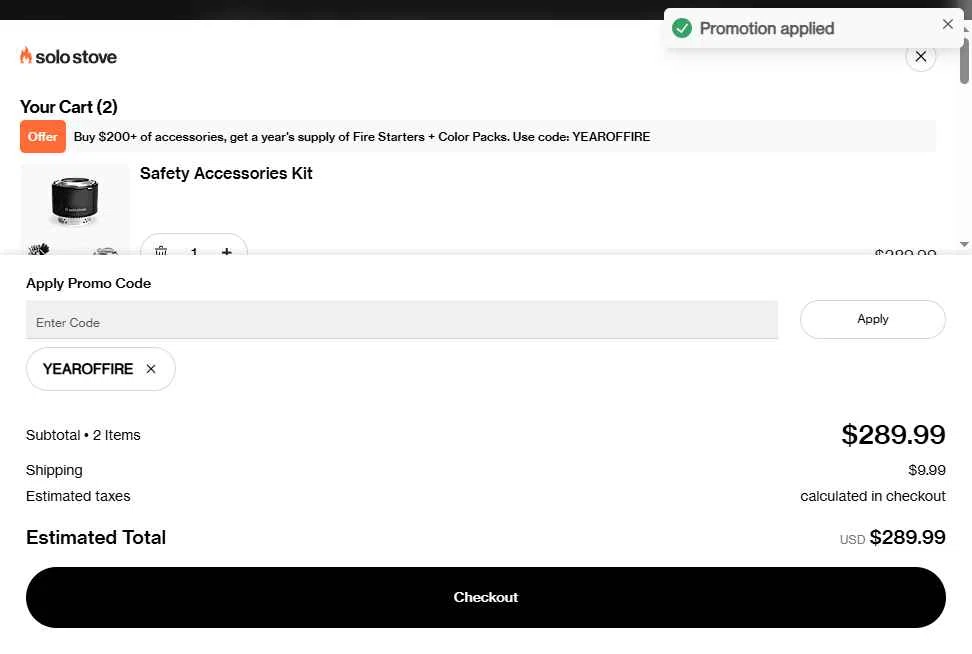 Solo Stove checkout page showing Solo Stove coupon code box | Screenshot taken by SimplyCodes community member on Feb 4, 2026