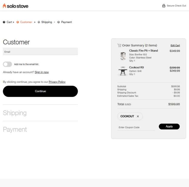 Solo Stove checkout page showing Solo Stove coupon code box | Screenshot taken by SimplyCodes community member on Sep 18, 2025