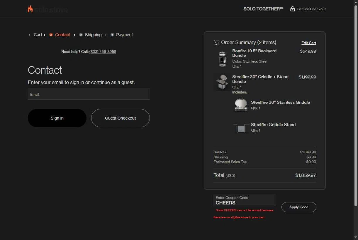 Solo Stove checkout page showing Solo Stove coupon code box | Screenshot taken by SimplyCodes community member on Jan 27, 2026
