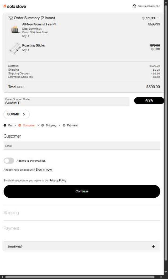 Solo Stove checkout page showing Solo Stove coupon code box | Screenshot taken by SimplyCodes community member on Sep 19, 2025