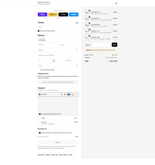 Solstice Sunglasses checkout page showing Solstice Sunglasses promo code box | Screenshot taken by SimplyCodes community member on Sep 2, 2025