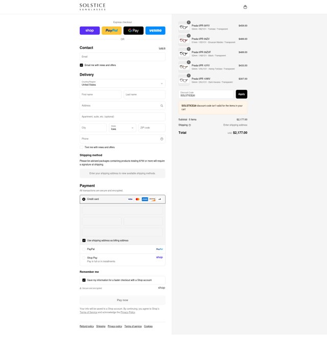 Solstice Sunglasses checkout page showing Solstice Sunglasses promo code box | Screenshot taken by SimplyCodes community member on Sep 2, 2025
