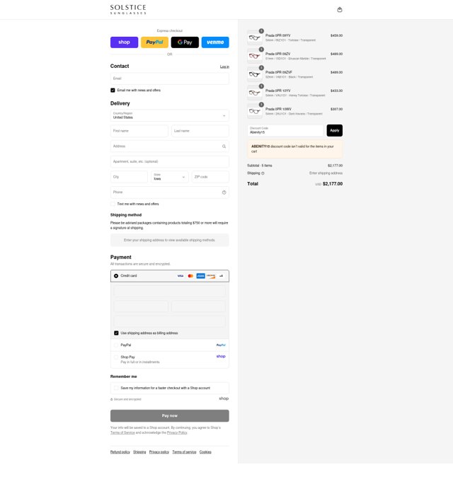 Solstice Sunglasses checkout page showing Solstice Sunglasses promo code box | Screenshot taken by SimplyCodes community member on Sep 2, 2025