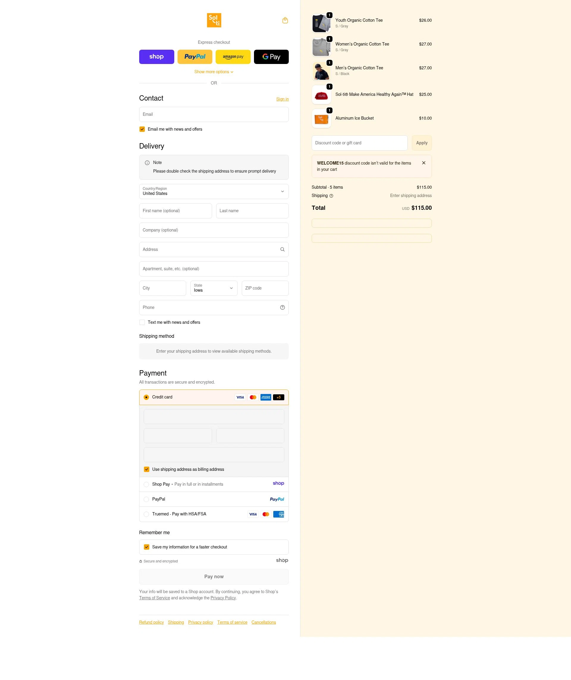 Sol-ti checkout page showing Sol-ti coupon code box | Screenshot taken by SimplyCodes community member on Jan 8, 2026