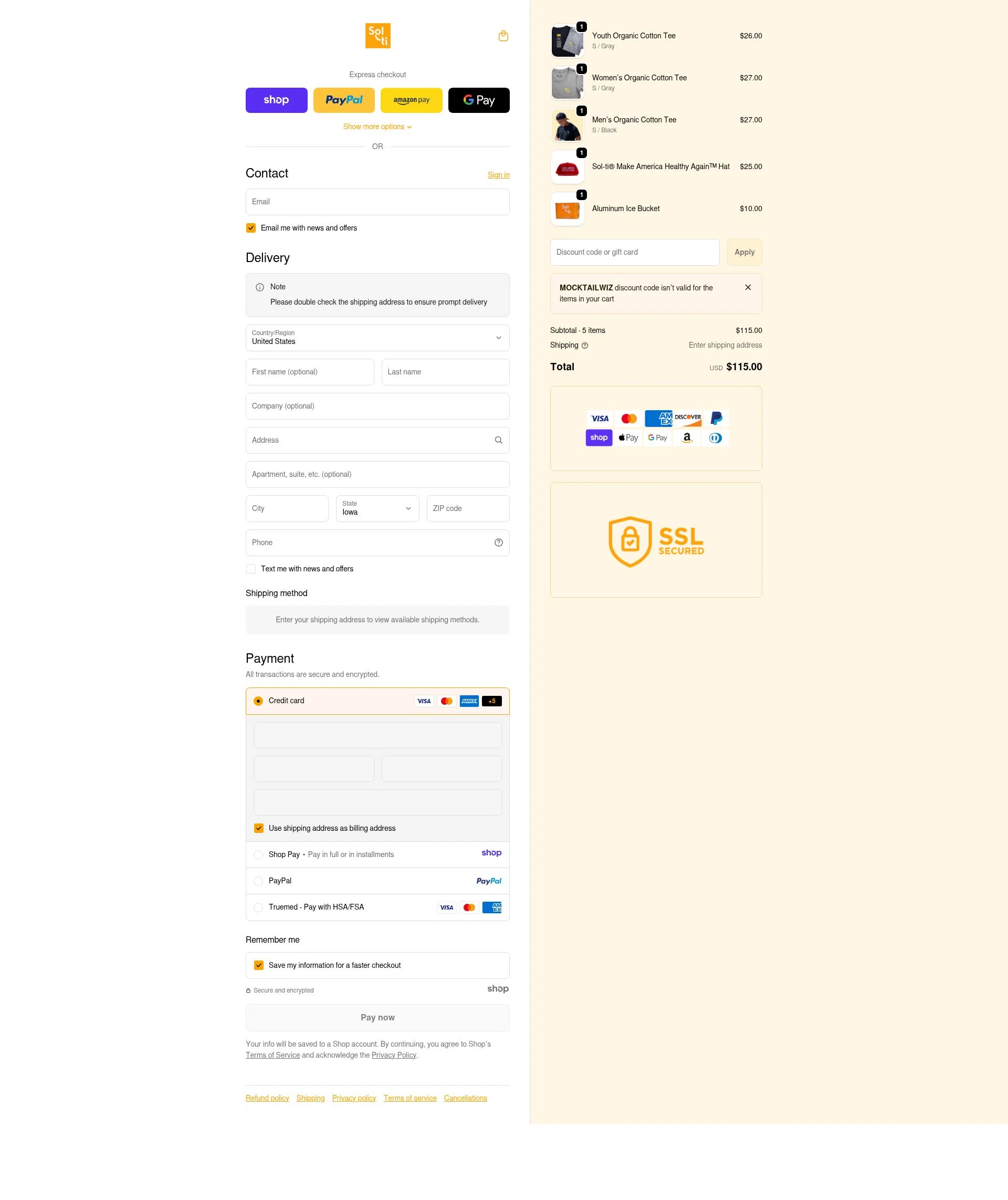 Sol-ti checkout page showing Sol-ti coupon code box | Screenshot taken by SimplyCodes community member on Jan 8, 2026