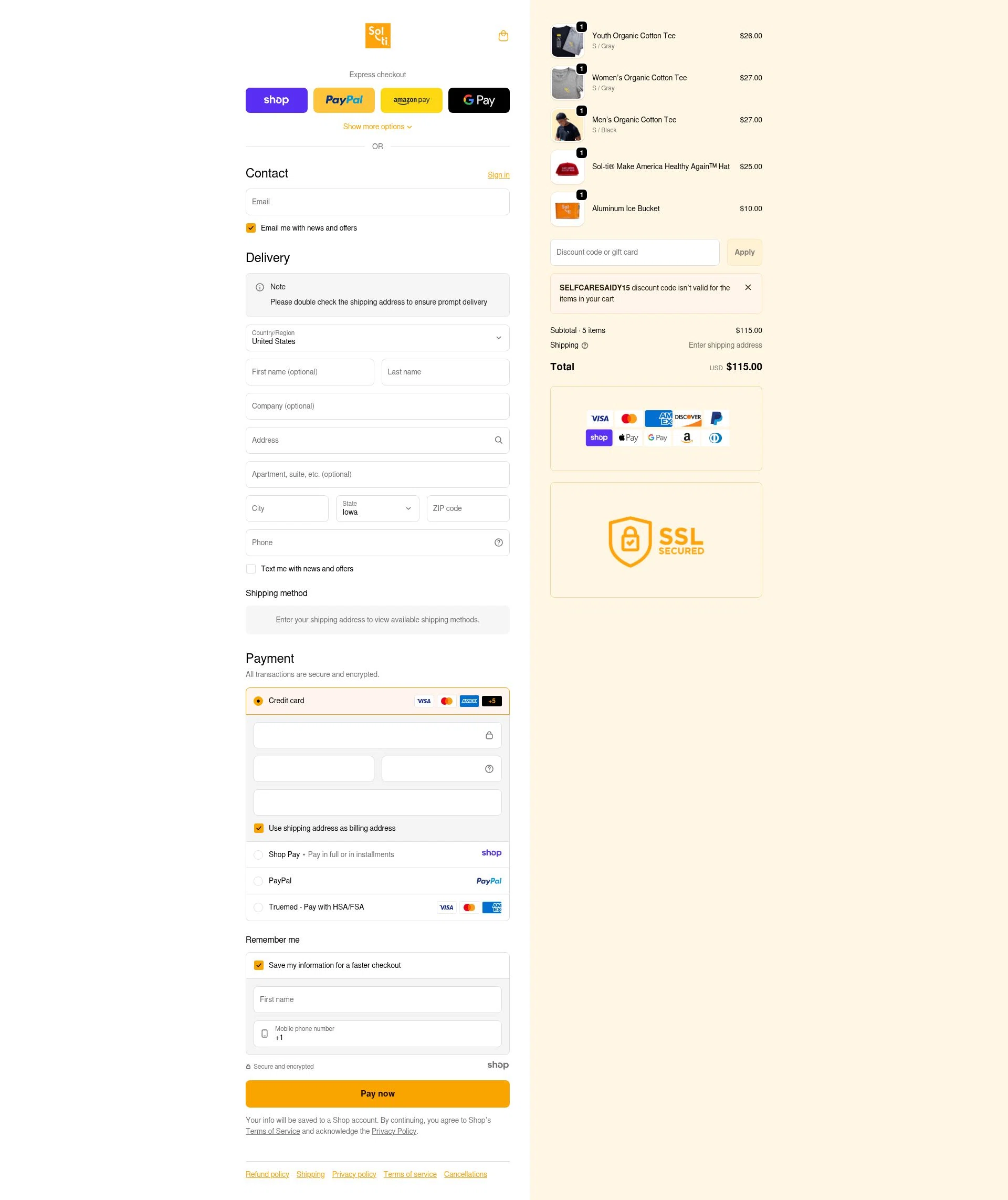 Sol-ti checkout page showing Sol-ti coupon code box | Screenshot taken by SimplyCodes community member on Jan 8, 2026