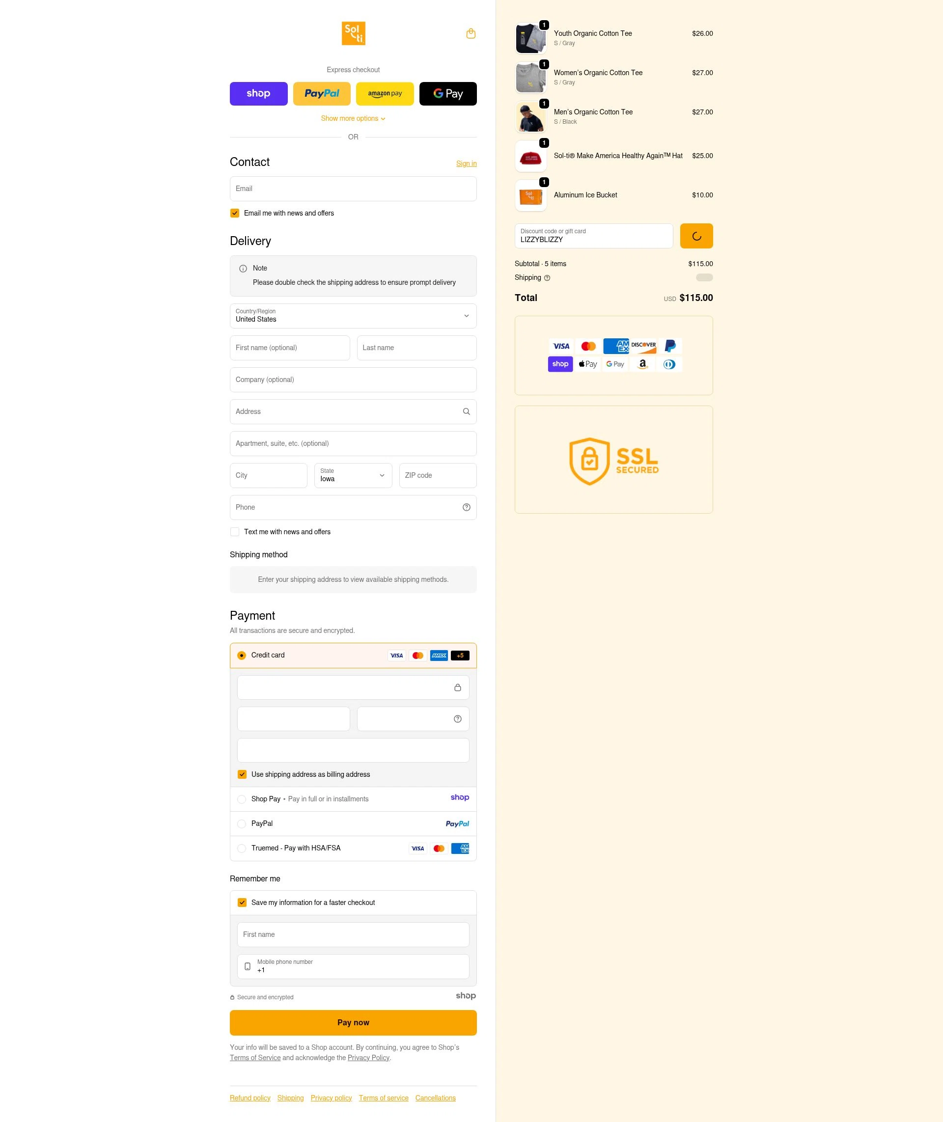 Sol-ti checkout page showing Sol-ti coupon code box | Screenshot taken by SimplyCodes community member on Jan 8, 2026