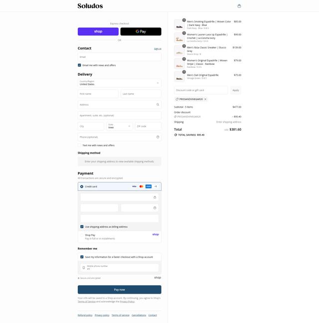 Soludos checkout page showing Soludos promo code box | Screenshot taken by SimplyCodes community member on Sep 12, 2025