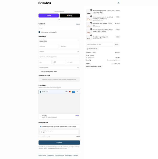 Soludos checkout page showing Soludos promo code box | Screenshot taken by SimplyCodes community member on Sep 12, 2025