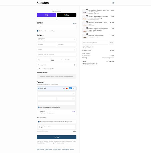 Soludos checkout page showing Soludos promo code box | Screenshot taken by SimplyCodes community member on Sep 12, 2025