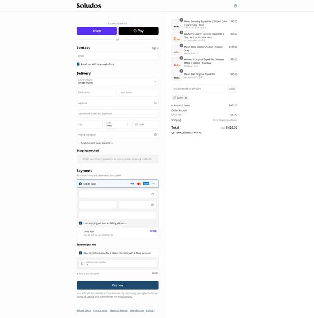 Soludos checkout page showing Soludos promo code box | Screenshot taken by SimplyCodes community member on Sep 12, 2025