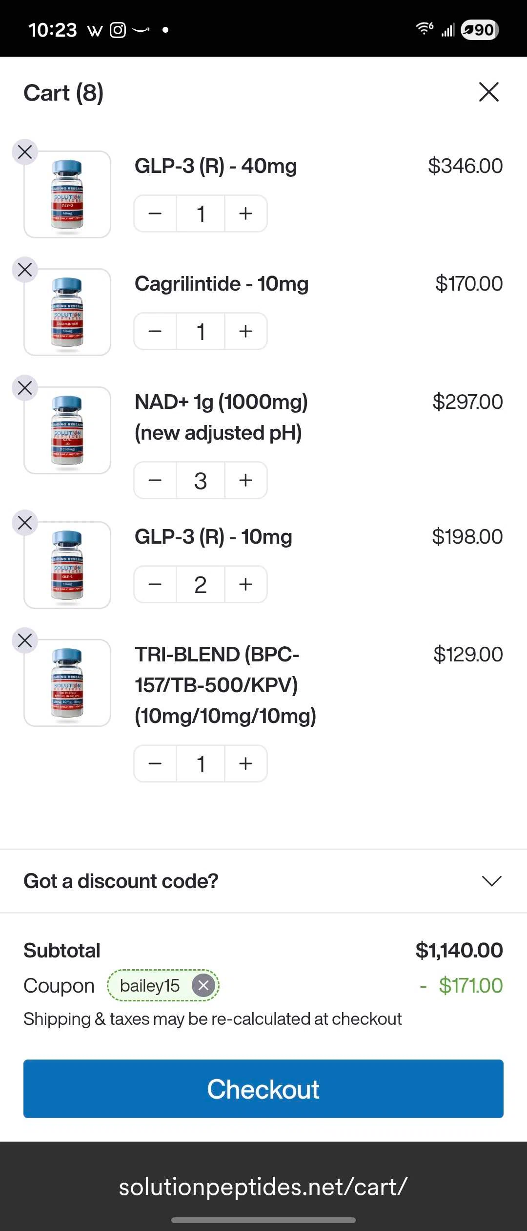 Solution Peptides coupon code screenshot showing code bailey15 applied at Solution Peptides checkout page. Uploaded by SimplyCodes community member Rebeccasteele on Feb 2, 2026