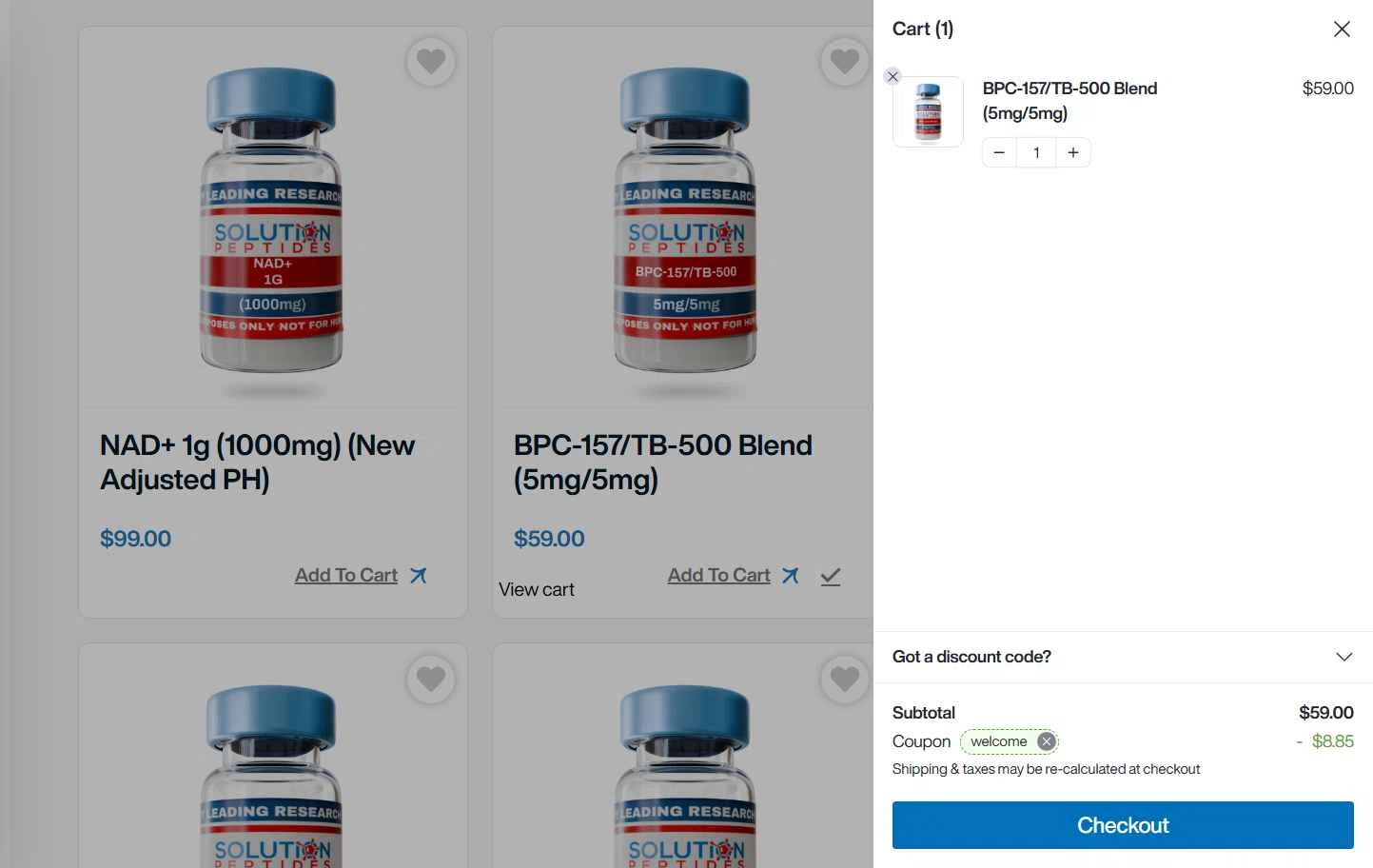 Solution Peptides checkout page showing Solution Peptides coupon code box | Screenshot taken by SimplyCodes community member on Dec 13, 2025