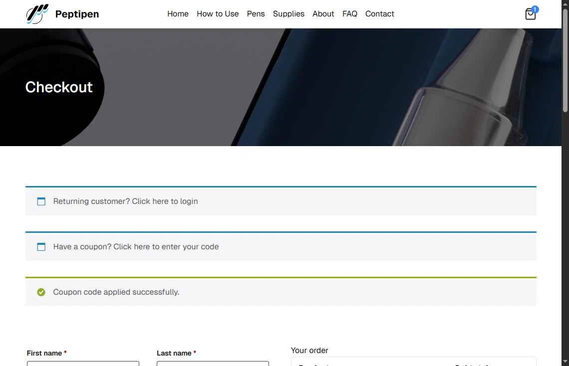 Solution Peptides checkout page showing Solution Peptides coupon code box | Screenshot taken by SimplyCodes community member on Feb 4, 2026