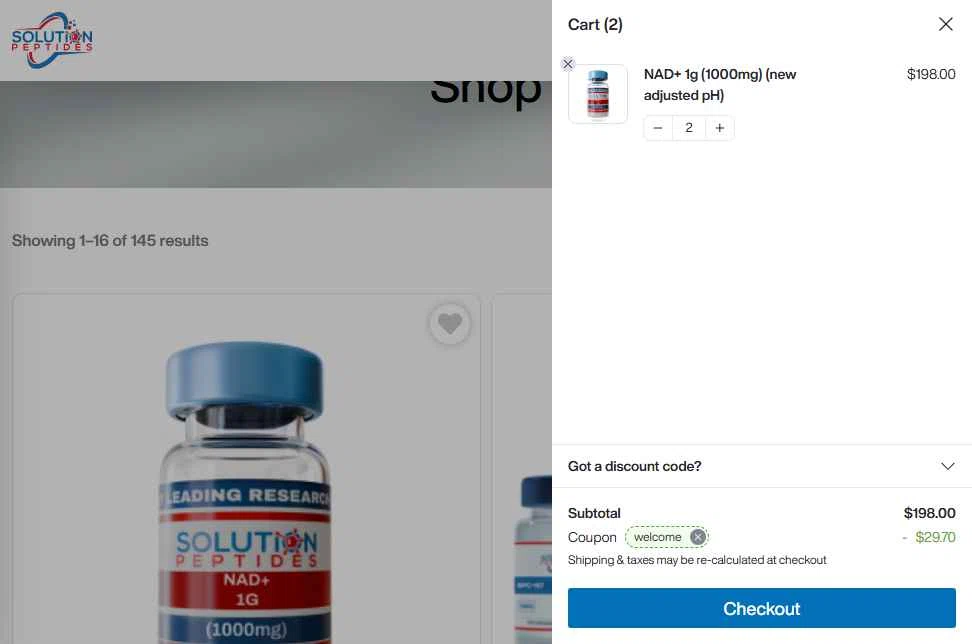 Solution Peptides checkout page showing Solution Peptides coupon code box | Screenshot taken by SimplyCodes community member on Jan 11, 2026