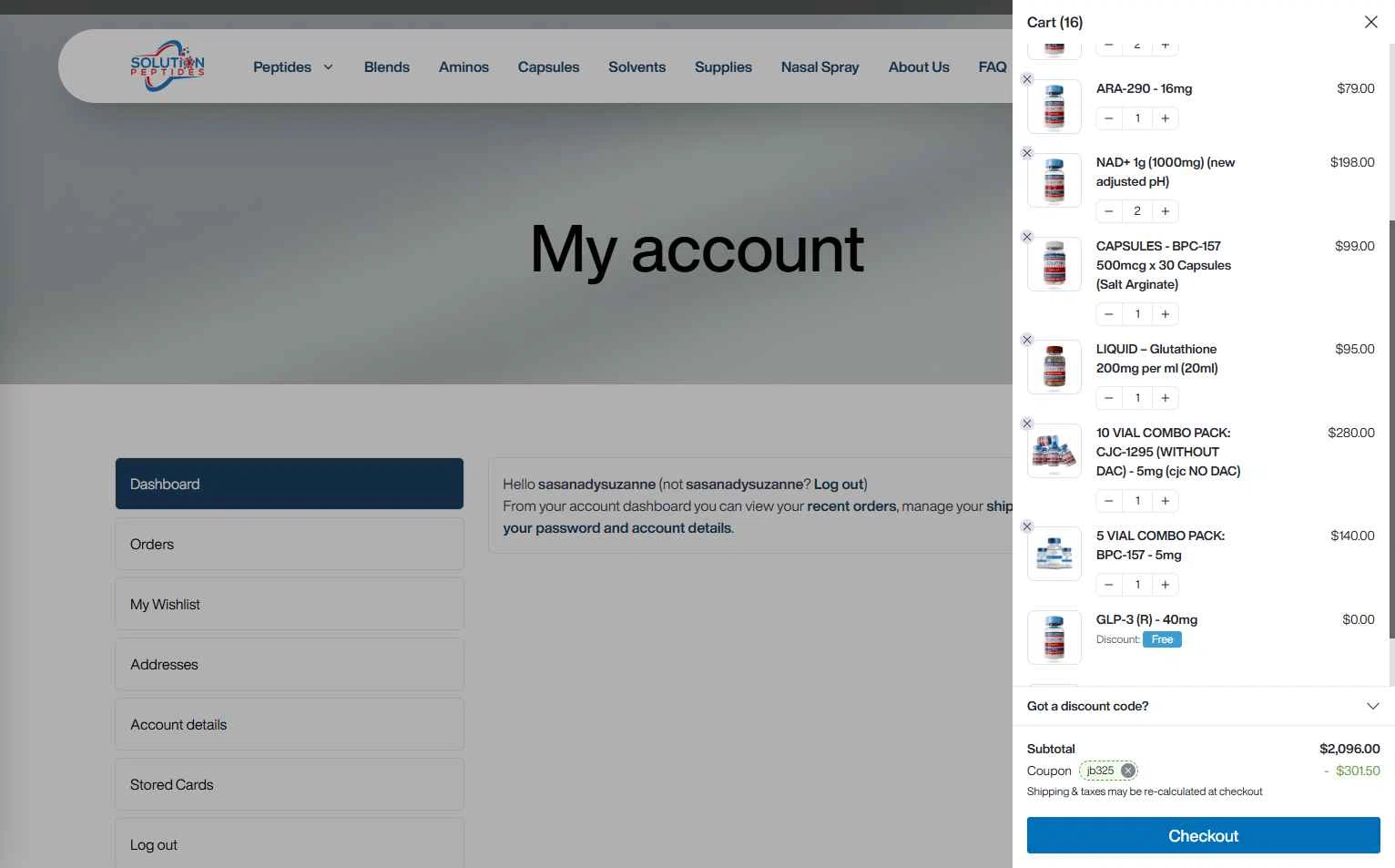 Solution Peptides checkout page showing Solution Peptides coupon code box | Screenshot taken by SimplyCodes community member on Dec 14, 2025