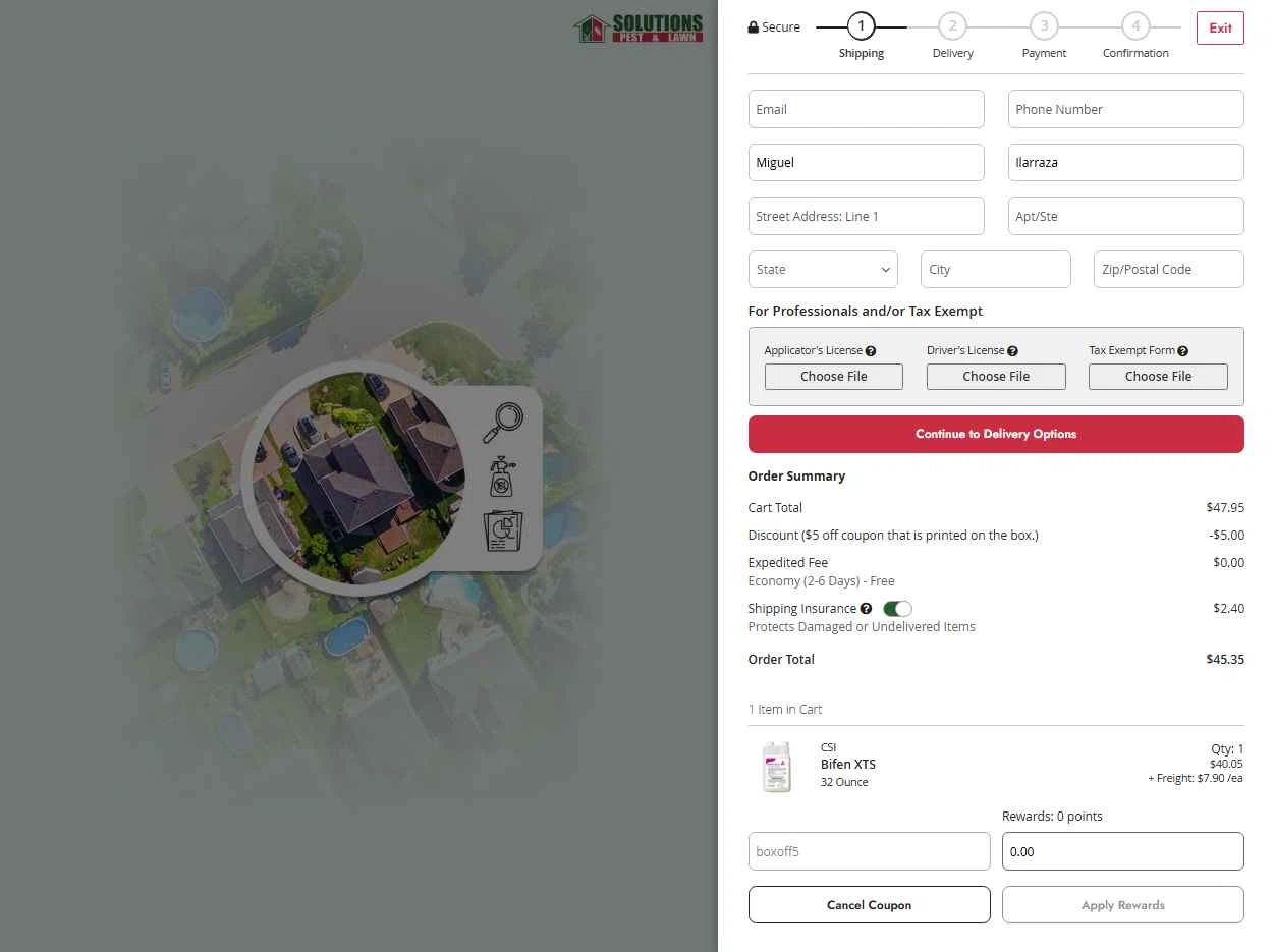 Solutions Pest & Lawn checkout page showing Solutions Pest & Lawn discount code box | Screenshot taken by SimplyCodes community member on Aug 19, 2025