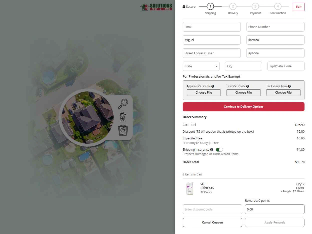 Solutions Pest & Lawn checkout page showing Solutions Pest & Lawn discount code box | Screenshot taken by SimplyCodes community member on Oct 8, 2025